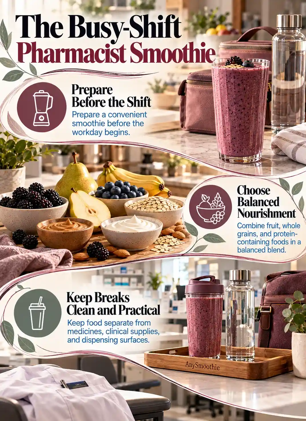 Smoothies for pharmacists infographic showing preparation before a busy shift, balanced nourishment, and a clean staff break area separate from medicines and dispensing surfaces.