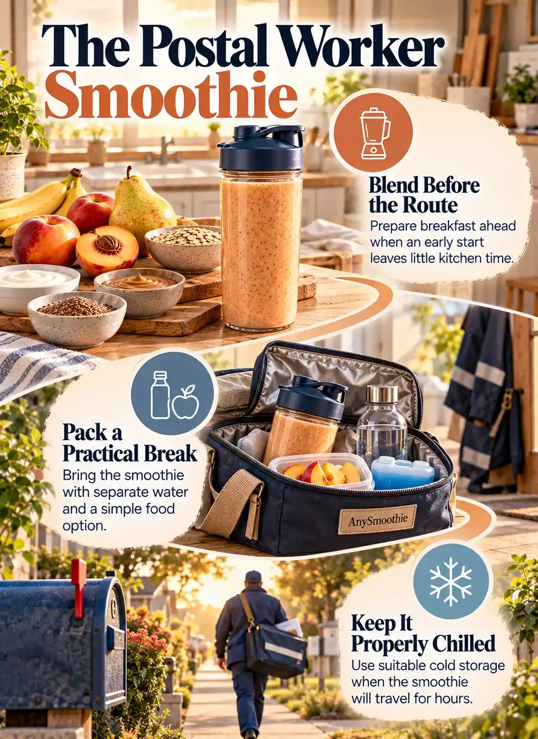Smoothies for postal workers infographic showing early-morning smoothie preparation, practical food and water packing, and proper cold storage for a work route.