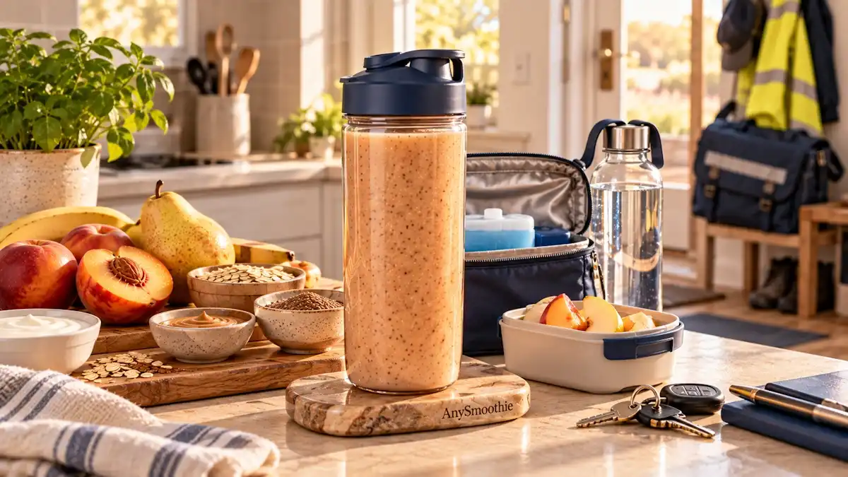 Smoothies for postal workers featuring a portable nectarine, banana, pear, oat, Greek yogurt, almond butter, and flaxseed smoothie prepared for an early-morning workday.
