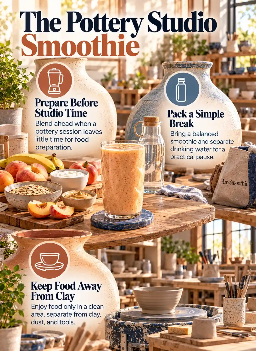 Smoothies for pottery studio sessions infographic featuring a soft apricot-cream smoothie, balanced ingredients, drinking water, and a clean refreshment area separated from clay, dust, and pottery tools.