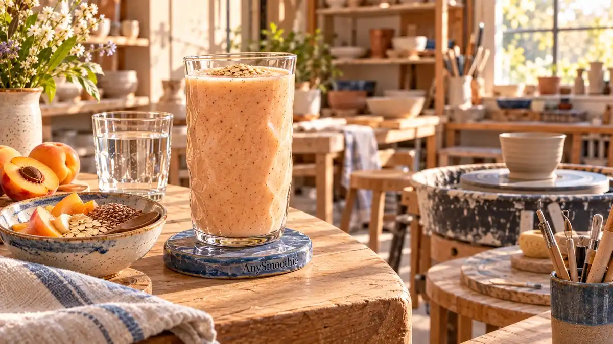 Smoothies for pottery studio sessions featuring a creamy apricot, white peach, banana, oat, Greek yogurt, cashew butter, and flaxseed smoothie in a sunlit ceramic artist’s studio.