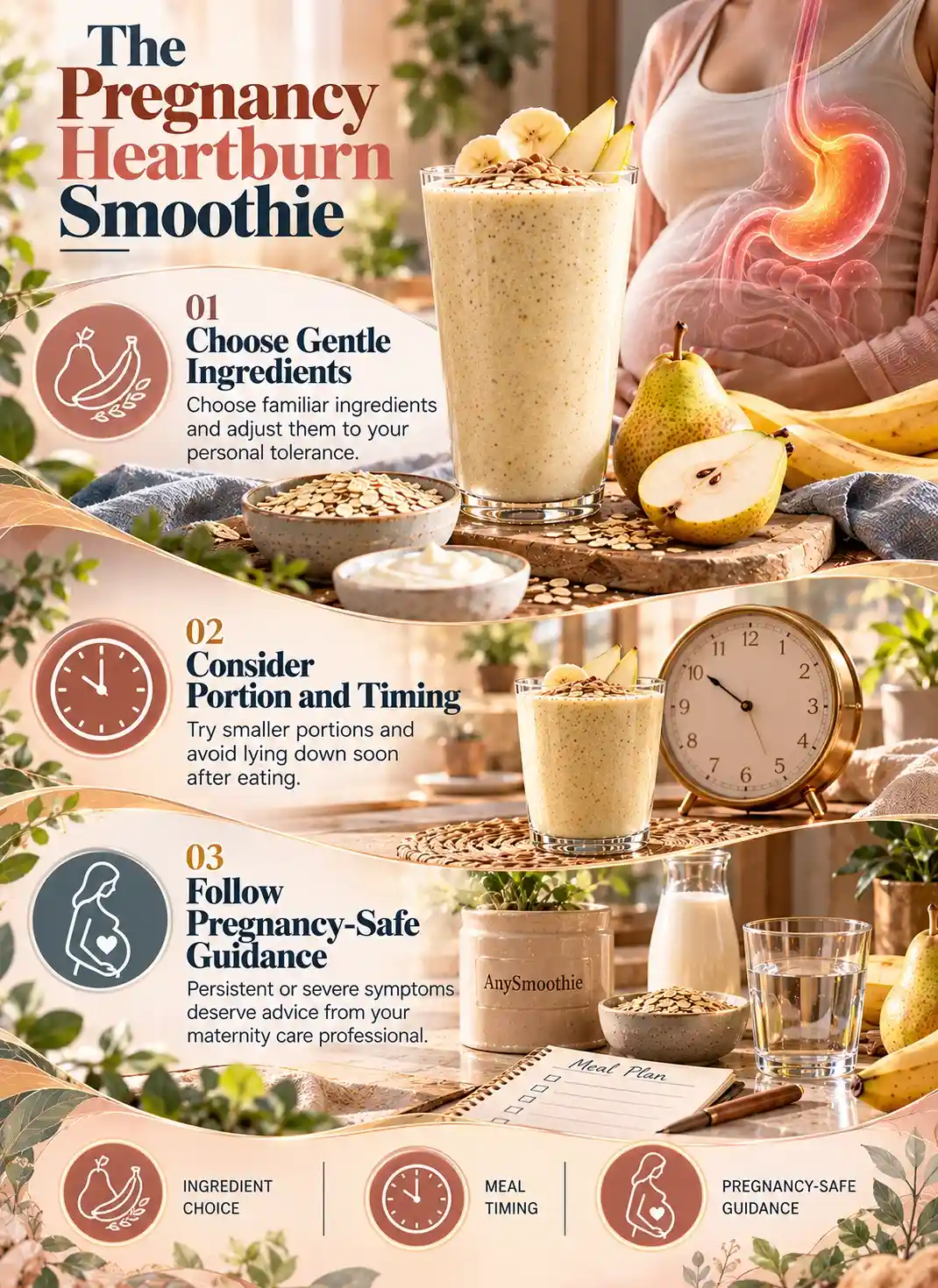 Smoothies for pregnancy heartburn infographic showing gentle ingredient choices, smaller portions and meal timing, and pregnancy-safe professional guidance.