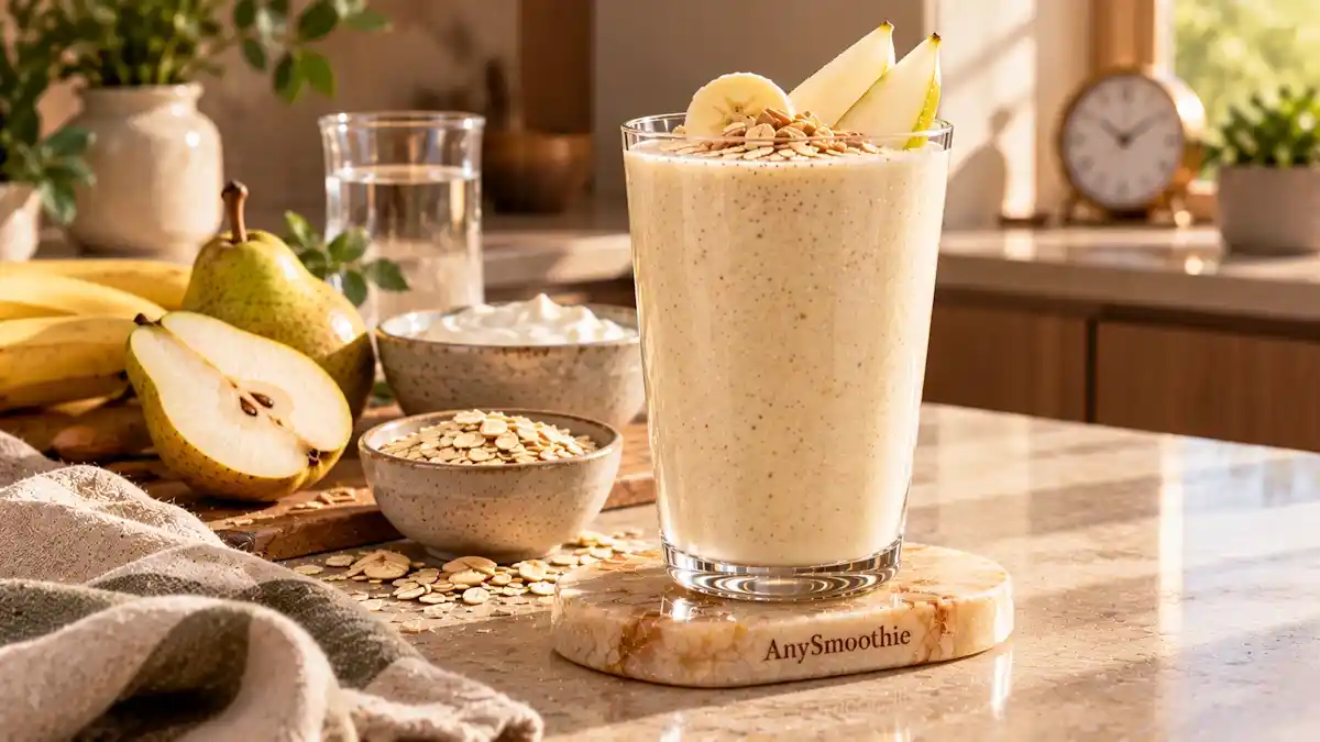 Smoothies for pregnancy heartburn featuring a mild pear-and-oat smoothie made with pear, banana, pasteurized Greek yogurt, oats, and pasteurized milk.