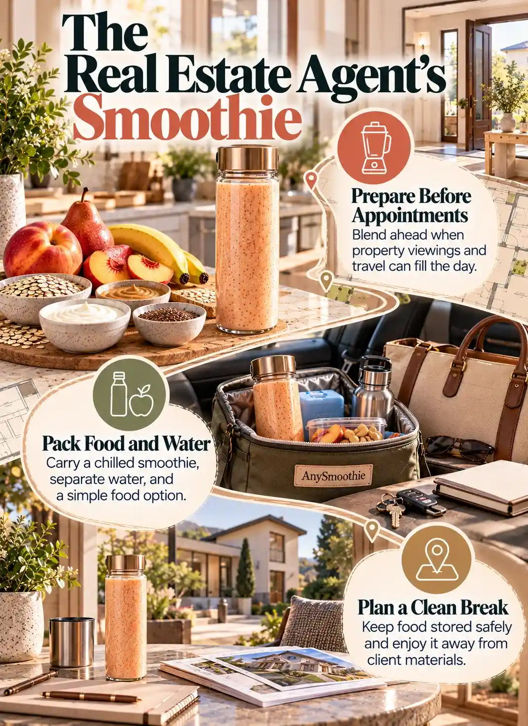 Smoothies for real estate agents infographic showing smoothie preparation before appointments, practical food and water packing, and a clean break between property viewings.