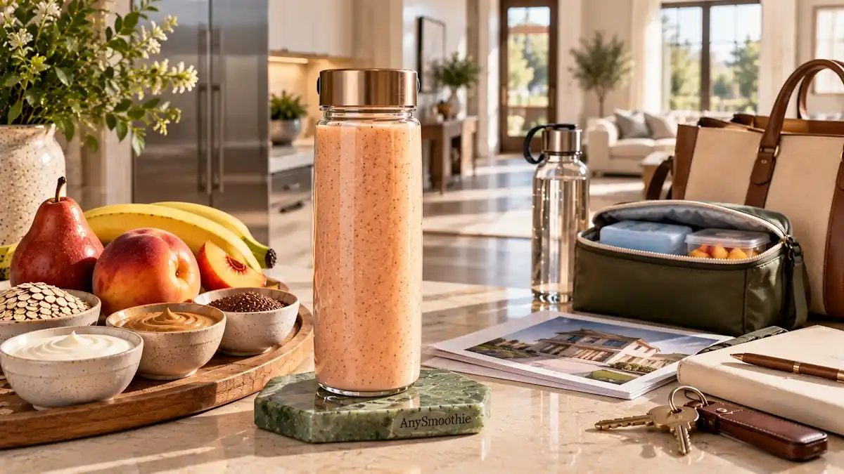 Smoothies for real estate agents featuring a portable nectarine, red pear, banana, oat, Greek yogurt, cashew butter, and flaxseed smoothie prepared for a busy day of property appointments.