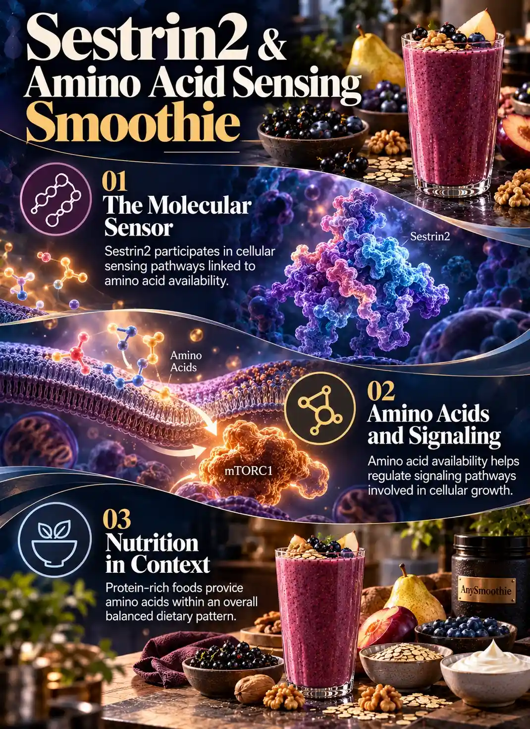 Smoothies for Sestrin2 amino acid sensing infographic explaining Sestrin2 molecular sensing, amino acid signaling, mTORC1-related pathways, and balanced dietary nutrition.