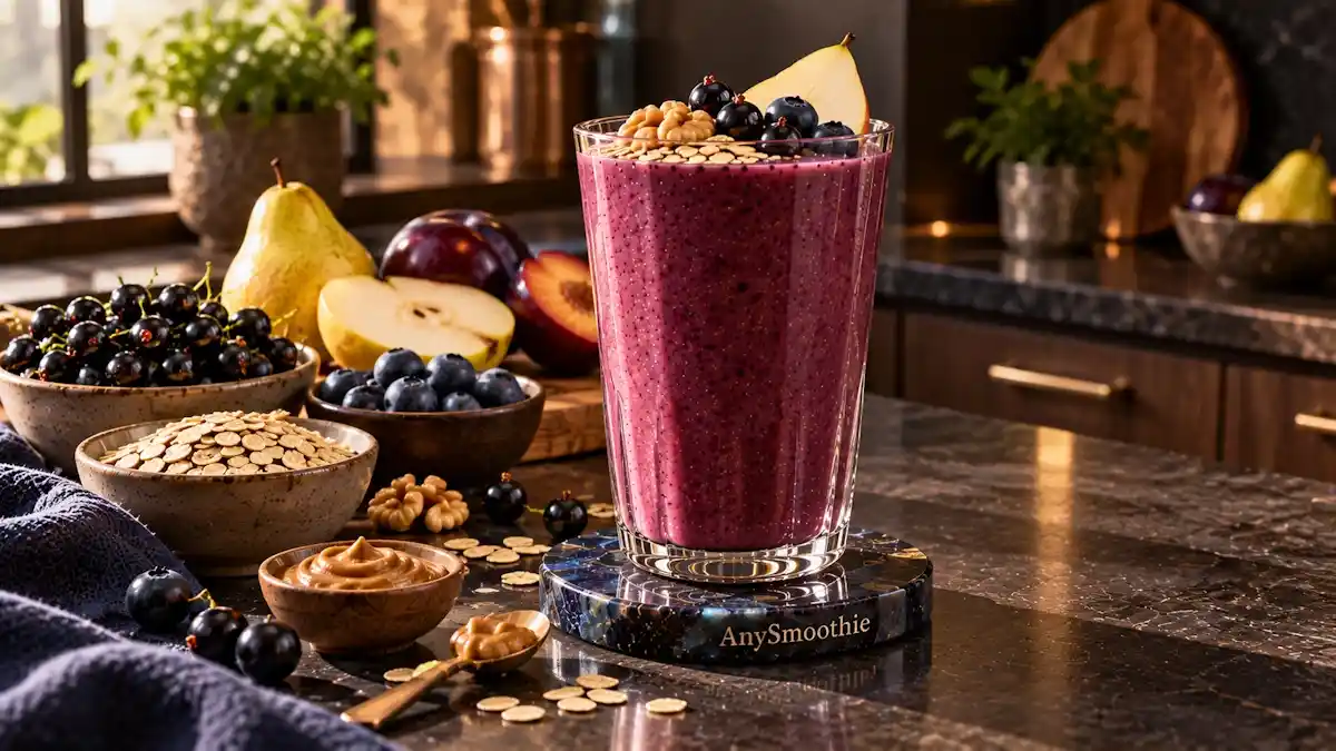 Smoothies for Sestrin2 amino acid sensing featuring a deep blackcurrant-plum smoothie made with blackcurrants, blueberries, pear, banana, oats, Greek yogurt, and walnut butter