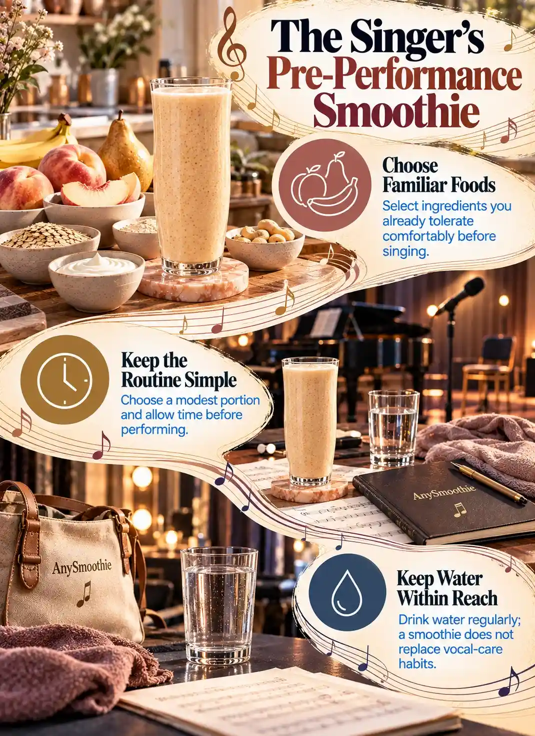 Smoothies for singers before vocal performances infographic showing familiar foods, practical timing, and regular water intake in a pre-performance routine.