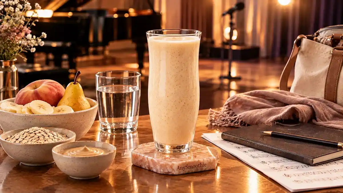 Smoothies for singers before vocal performances featuring a pale champagne-ivory smoothie made with white peach, golden pear, banana, oats, Greek yogurt, and cashew butter.