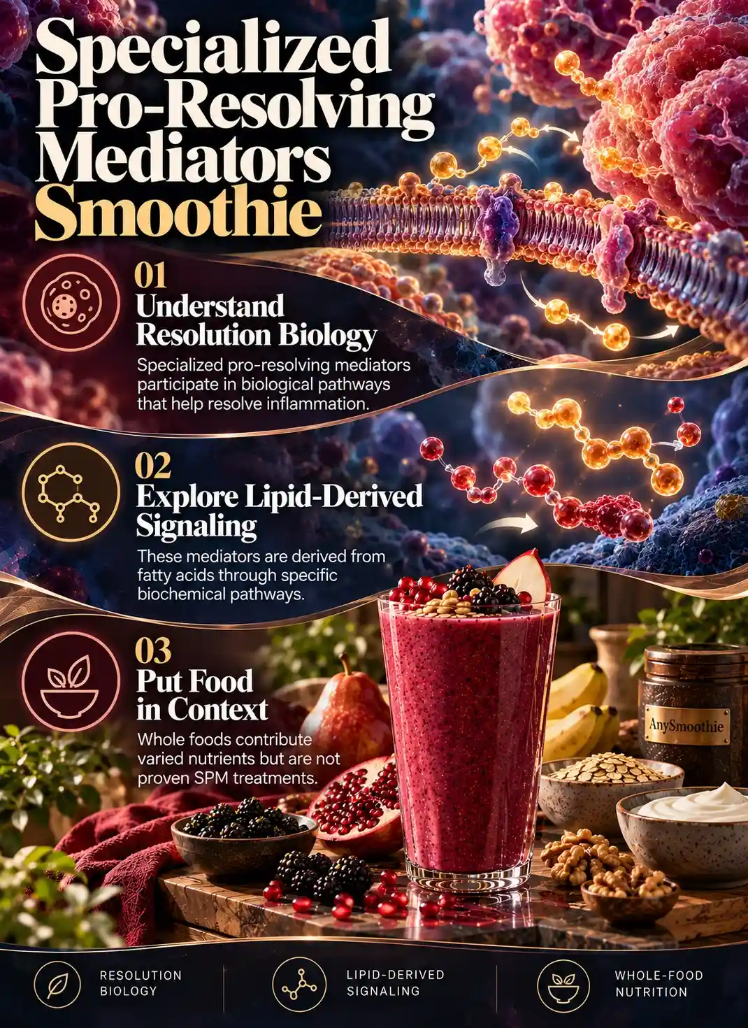 Smoothies for specialized pro-resolving mediators infographic explaining resolution biology, lipid-derived signaling, and whole-food nutrition in a scientific wellness context.