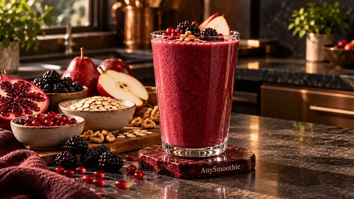 Smoothies for specialized pro-resolving mediators featuring a deep pomegranate-plum smoothie made with pomegranate, blackberries, red pear, banana, Greek yogurt, oats, and walnut butter.