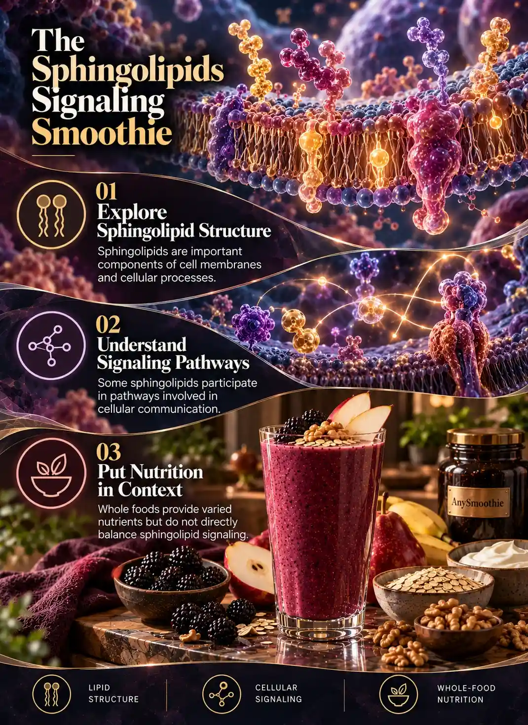 Smoothies for sphingolipid signaling balance infographic explaining sphingolipid structure, cellular signaling pathways, and whole-food nutrition with a black-plum smoothie.