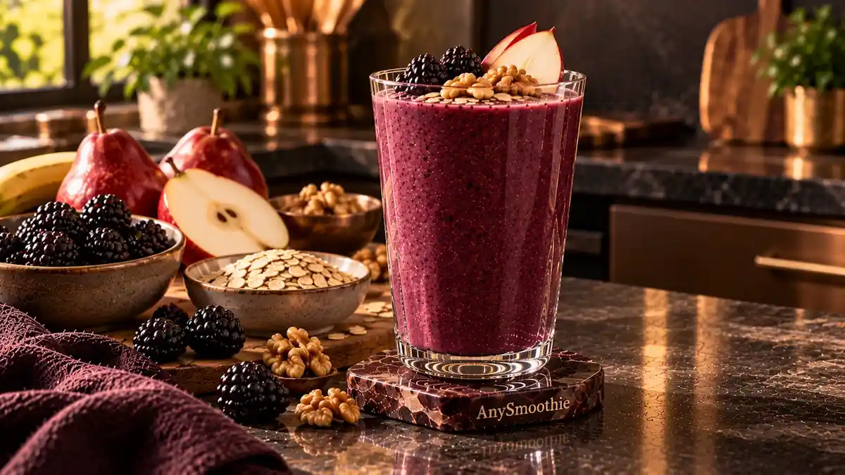 Smoothies for sphingolipid signaling balance featuring a deep black-plum smoothie made with blackberries, red pear, banana, Greek yogurt, oats, and walnut butter.