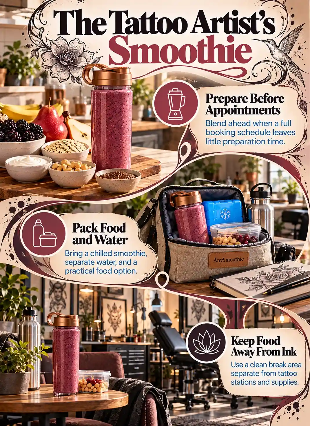 Smoothies for tattoo artists infographic showing a blackberry-mauve smoothie, practical food and water packing, and guidance on keeping refreshments separate from tattoo stations and supplies.