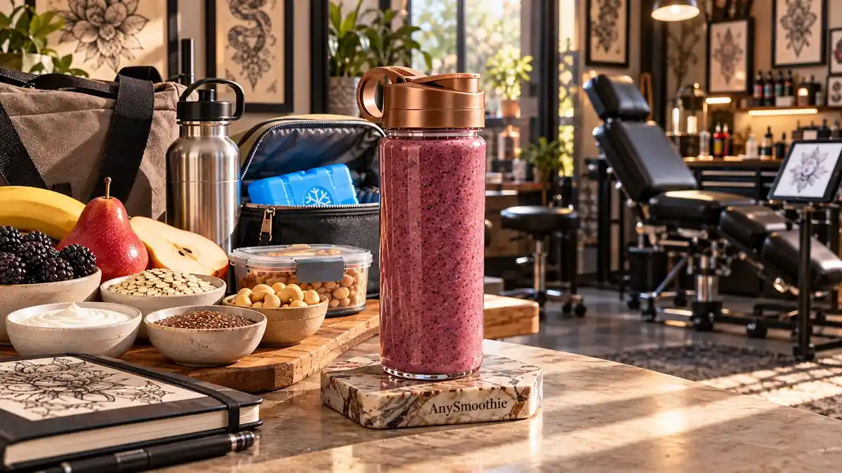 Smoothies for tattoo artists featuring a deep blackberry-mauve smoothie made with blackberries, red pear, banana, oats, Greek yogurt, cashew butter, and ground flaxseed in a contemporary tattoo studio setting.