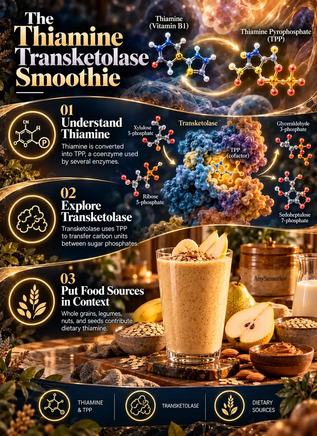 Smoothies for thiamine and transketolase activity infographic explaining thiamine conversion to TPP, transketolase function, and dietary thiamine sources.