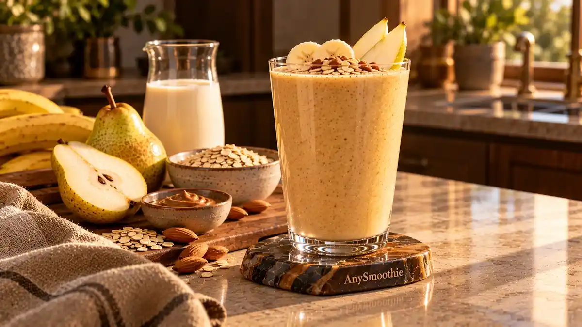 Smoothies for thiamine and transketolase activity featuring a warm toasted-apricot smoothie made with pear, banana, oats, Greek yogurt, almond butter, and soy milk.