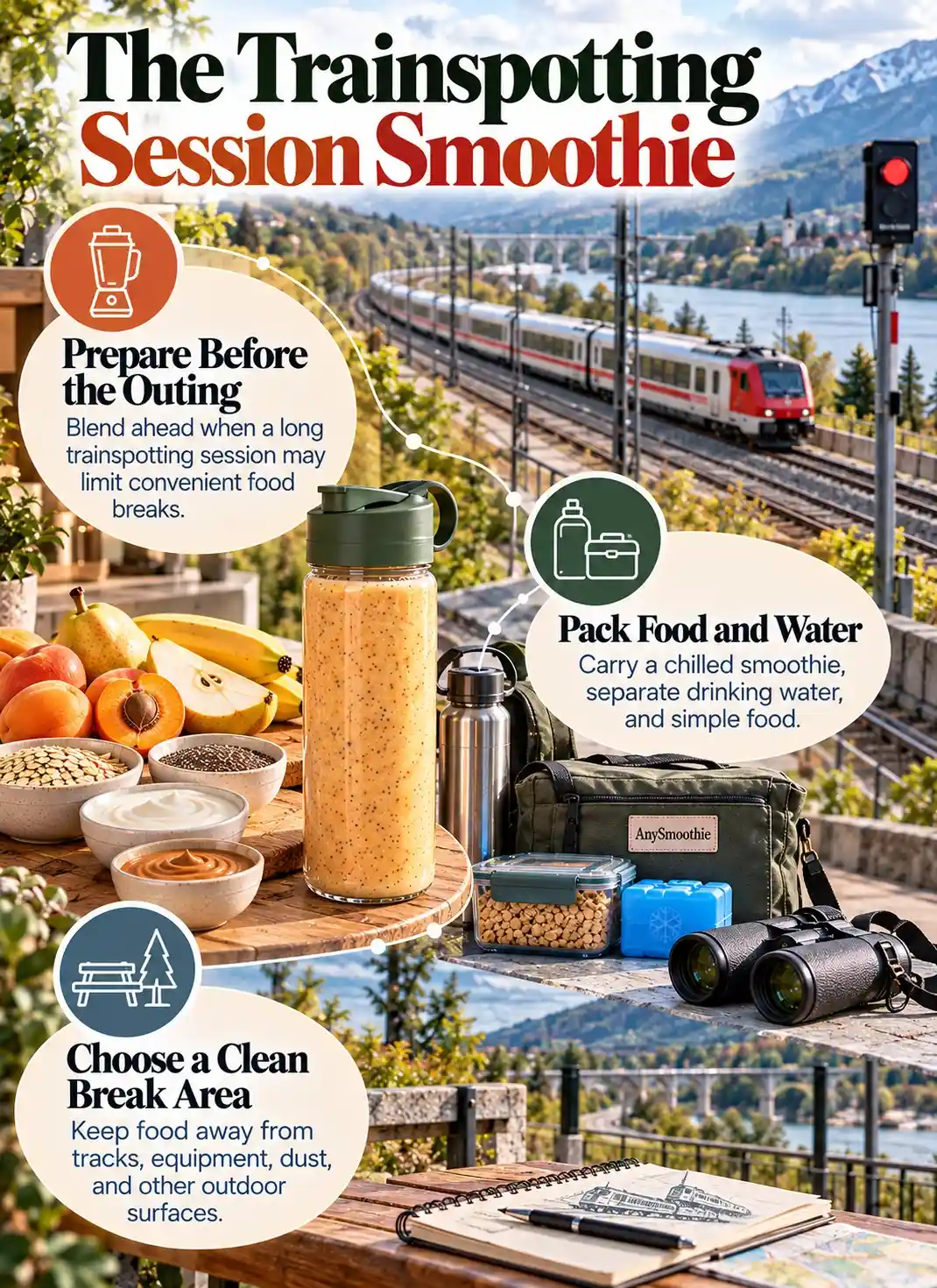 Smoothies for trainspotting sessions infographic showing smoothie preparation, food and water packing, and a clean break area along a scenic railway route.