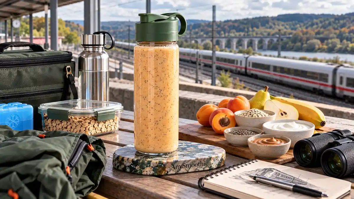 Smoothies for trainspotting sessions featuring a portable apricot, pear, banana, oat, Greek yogurt, almond butter, and chia seed smoothie at a railway observation setting.