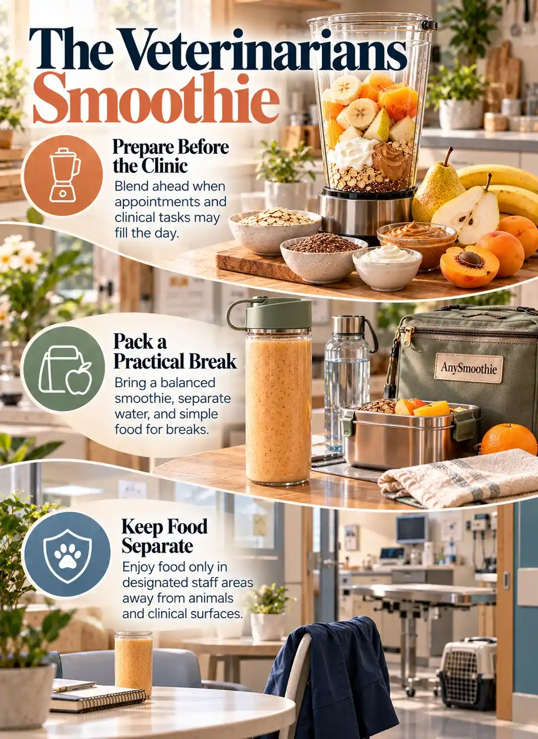 Smoothies for veterinarians infographic showing smoothie preparation before the clinic, a practical staff break with water and food, and a designated area separated from animals and clinical surfaces.