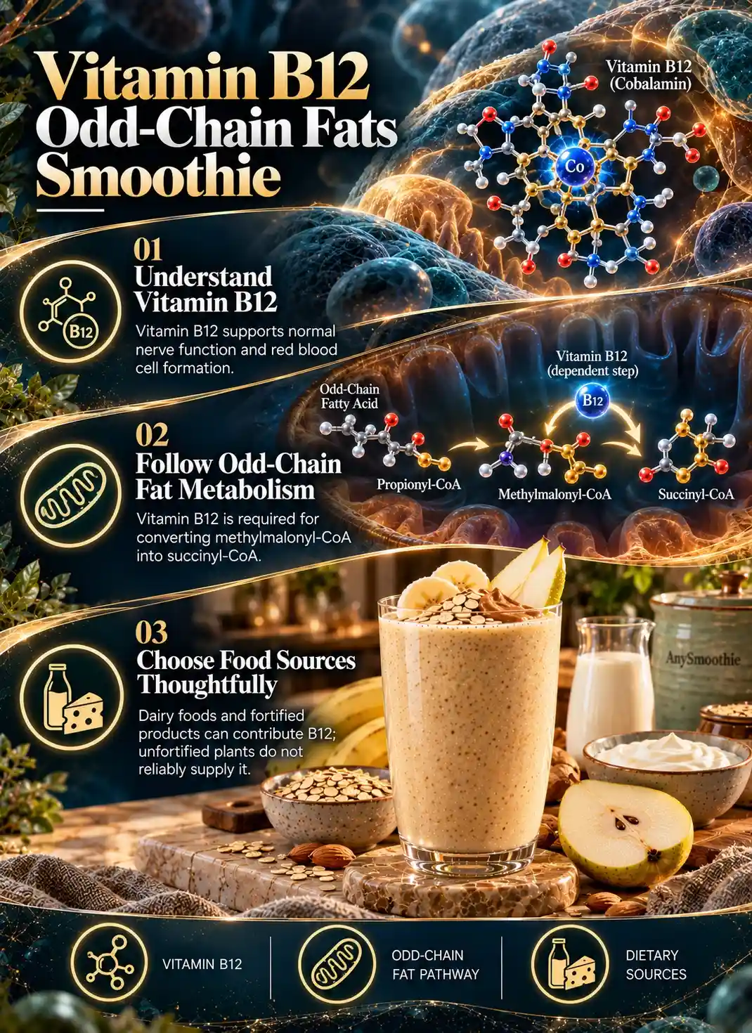 Smoothies for vitamin B12 and odd chain fat metabolism infographic explaining vitamin B12, the odd-chain fatty acid pathway, and dietary B12 sources.