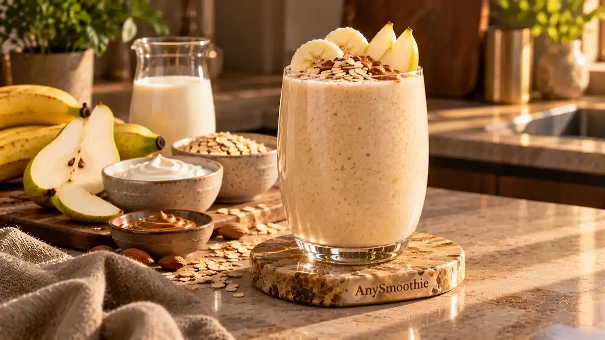 Smoothies for vitamin B12 and odd chain fat metabolism featuring a soft champagne-pear smoothie made with Greek yogurt, milk, pear, banana, oats, and almond butter.