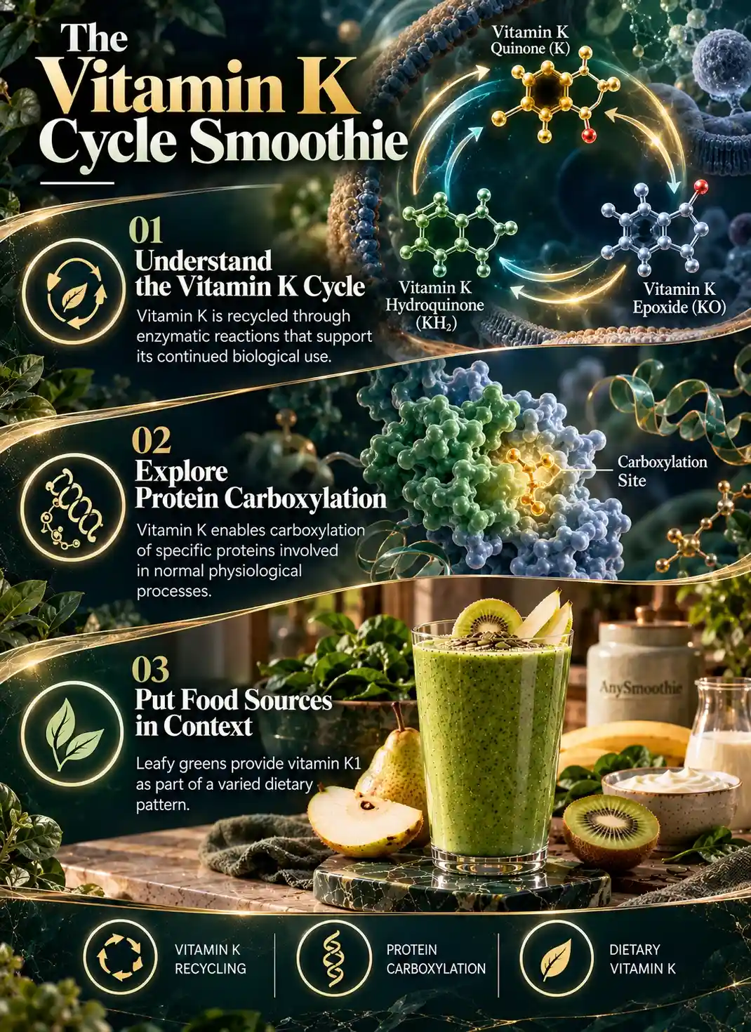 Smoothies for vitamin K cycle infographic explaining vitamin K recycling, protein carboxylation, and dietary vitamin K1 from leafy greens.