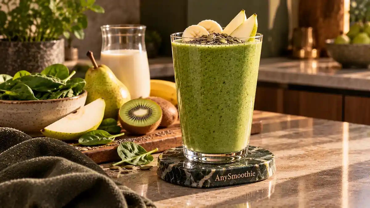 Smoothies for vitamin K cycle featuring a deep forest-green smoothie made with spinach, pear, kiwi, banana, Greek yogurt, and unsweetened soy milk