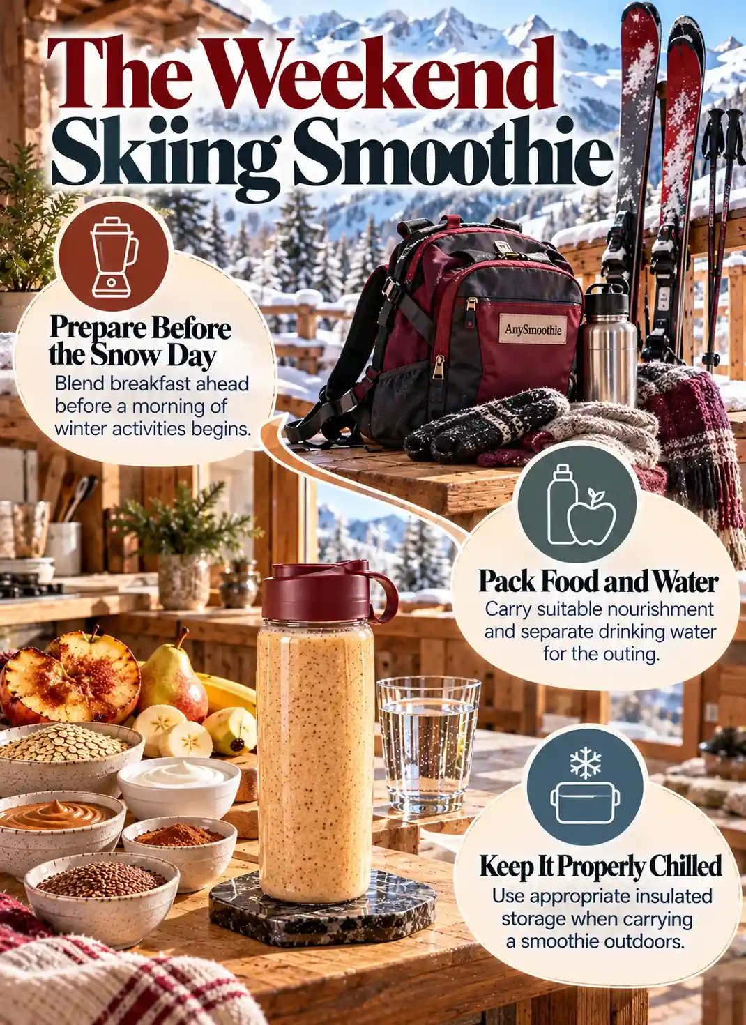 Smoothies for weekend skiing infographic showing winter breakfast preparation, food and water packing, and insulated smoothie storage in an alpine chalet setting.