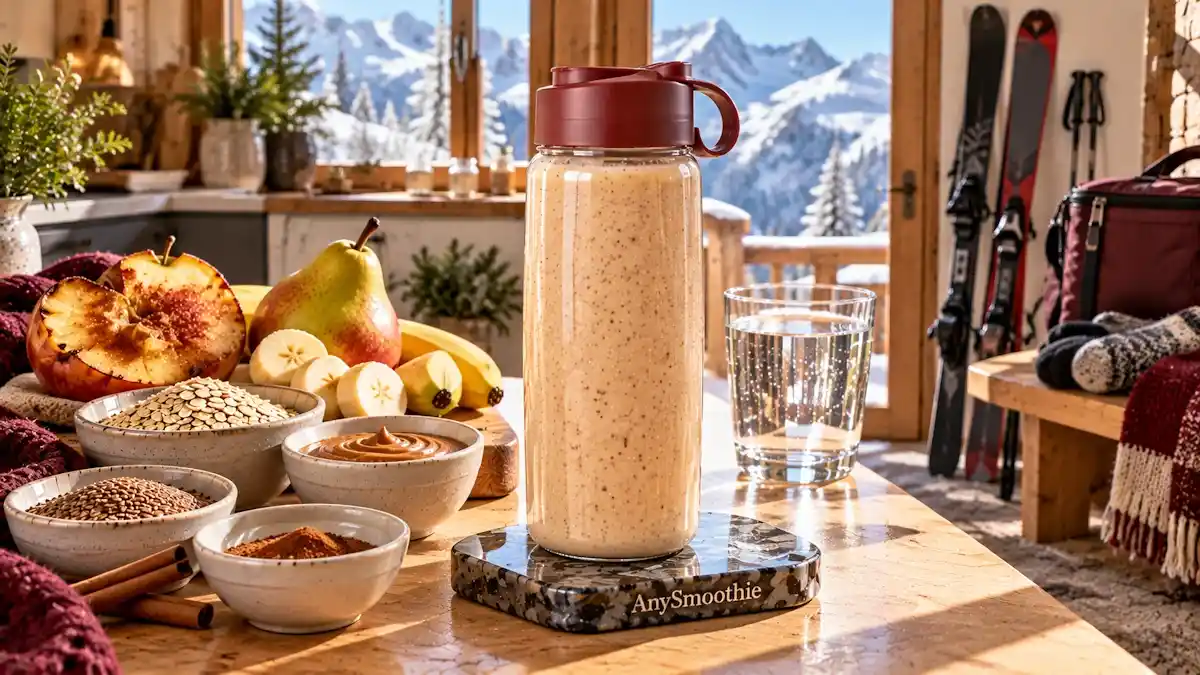 Smoothies for weekend skiing featuring a creamy baked apple, pear, banana, oat, Greek yogurt, almond butter, cinnamon, and flaxseed smoothie in an alpine chalet kitchen.