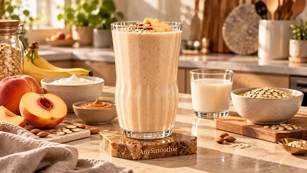 Smoothie supporting osteoblast mineralization made with calcium-fortified soy milk, Greek yogurt, white peach, banana, oats, and almond butter in a refined contemporary kitchen.