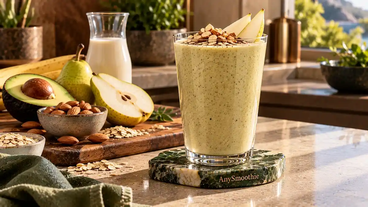 Vitamin E and tocopherol recycling smoothie featuring a creamy pistachio-beige smoothie made with avocado, soy milk, pear, banana, oats, and almond butter.