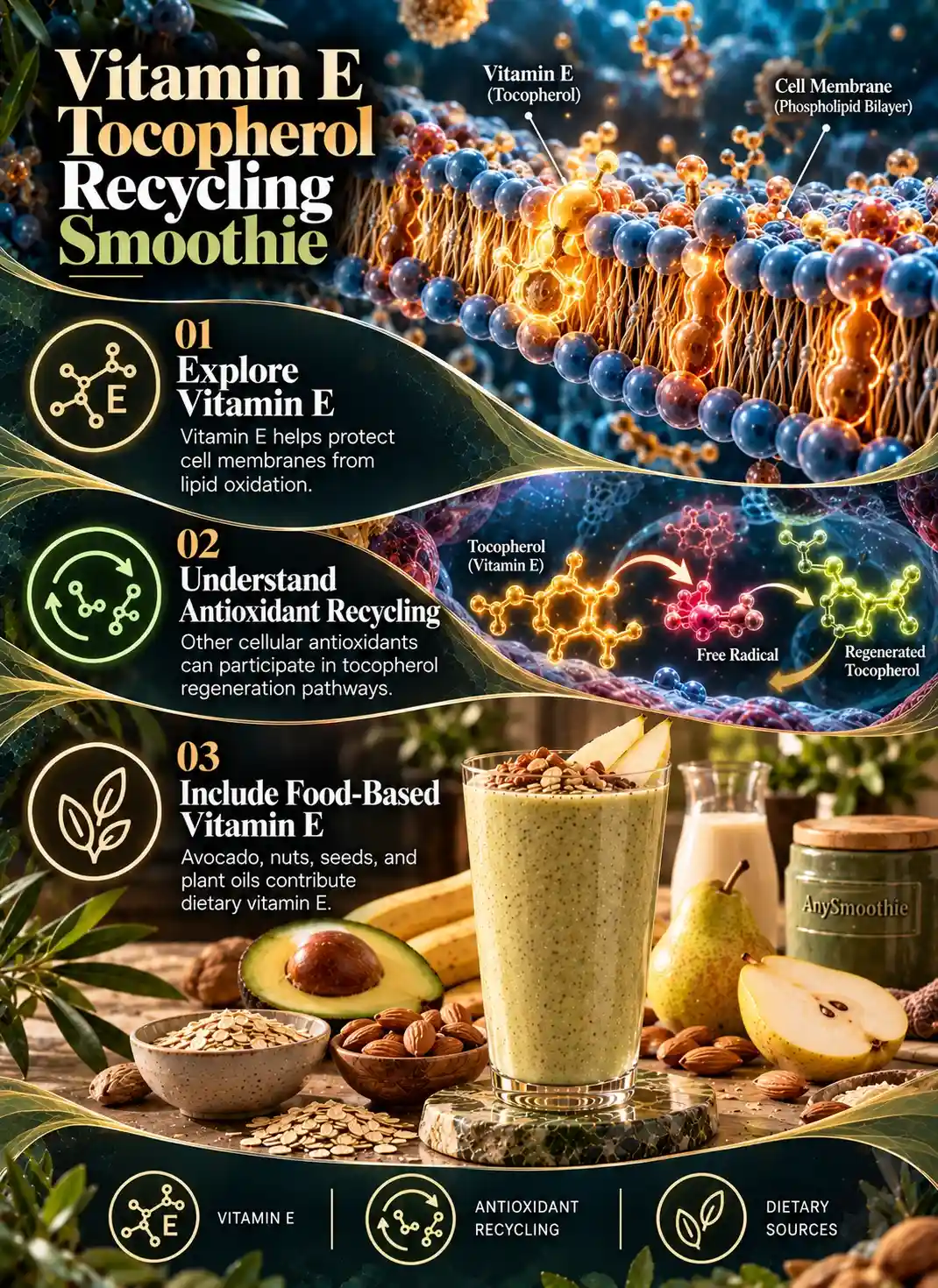 Vitamin E and tocopherol recycling smoothie infographic showing vitamin E in cell membranes, antioxidant recycling pathways, and food-based vitamin E sources.
